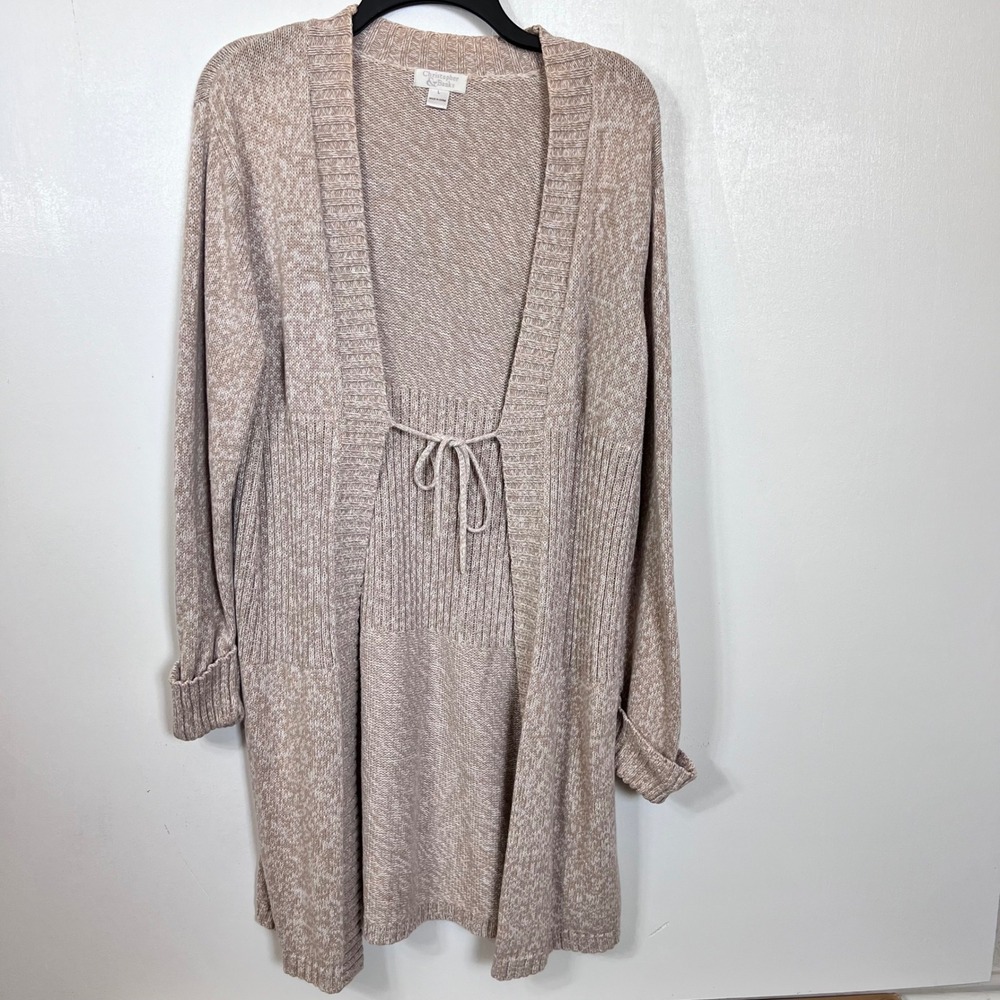 Christopher & Banks Women's L Beige Ramie Cotton Tie Front Long Cardigan Boho